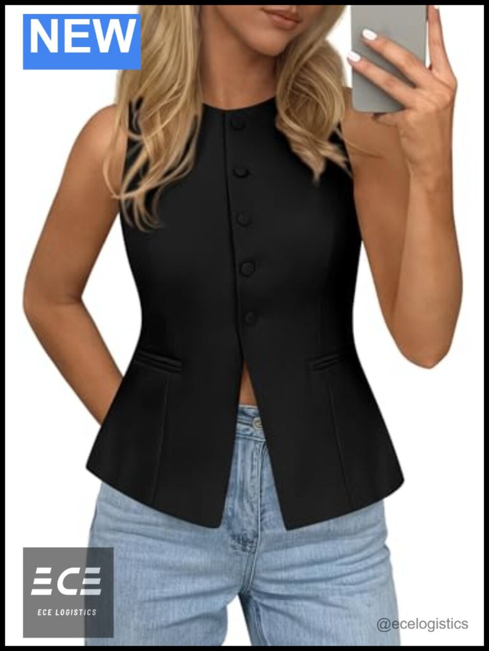 Womens Button Down Waistcoat Vest Sleeveless Slim Fit Business Casual
